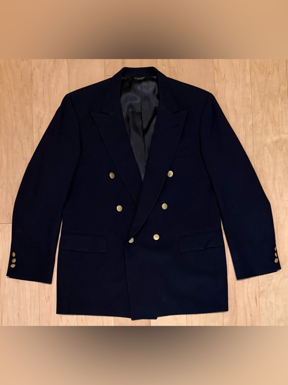 VTG Bill Blass Double Breasted Blazer Navy Blue Gold Button USA Made Men’s 46R*